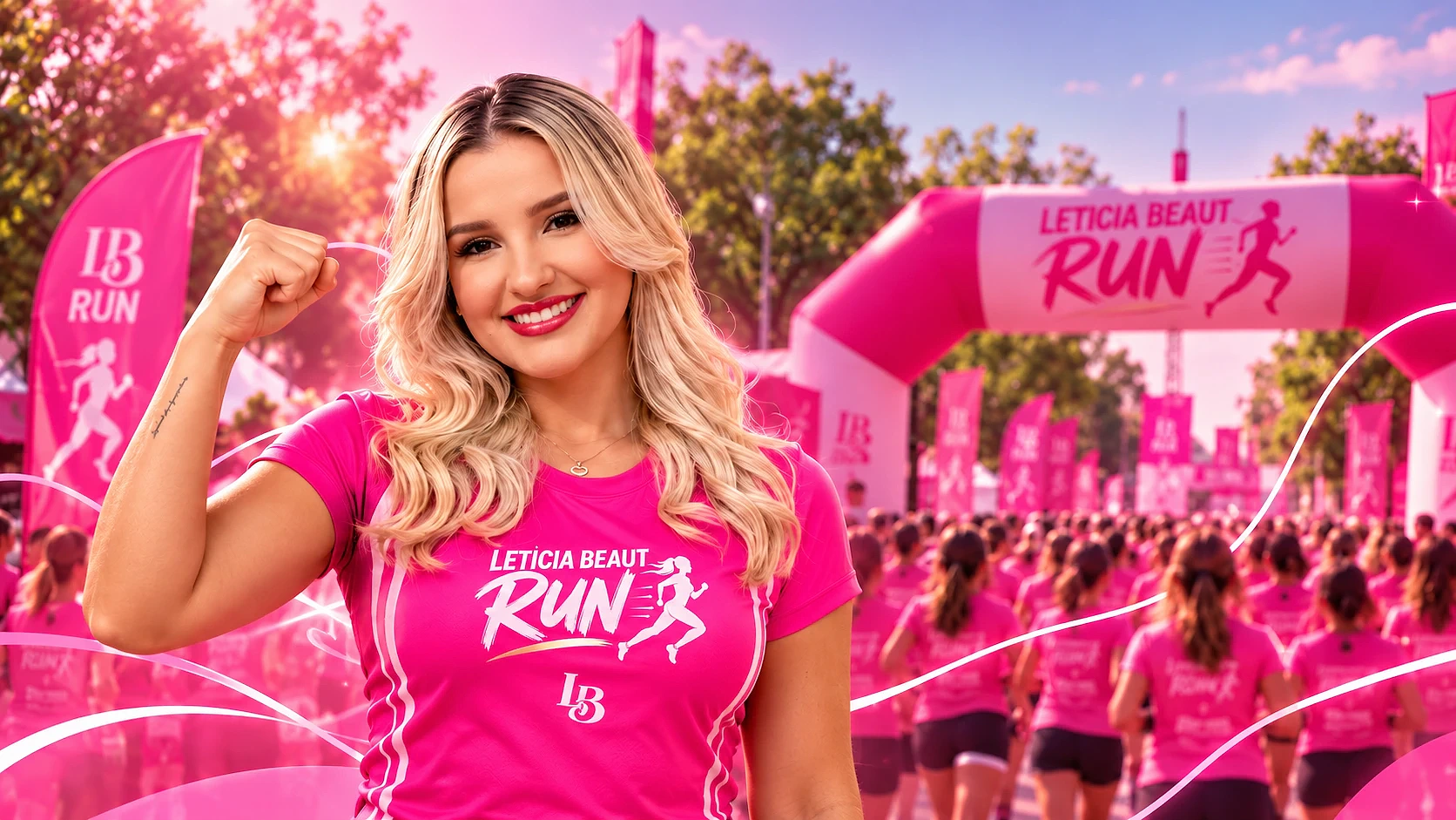 Letícia com a camiseta da Letícia Beaut Run em frente ao pórtico da corrida (imagem ilustrativa)