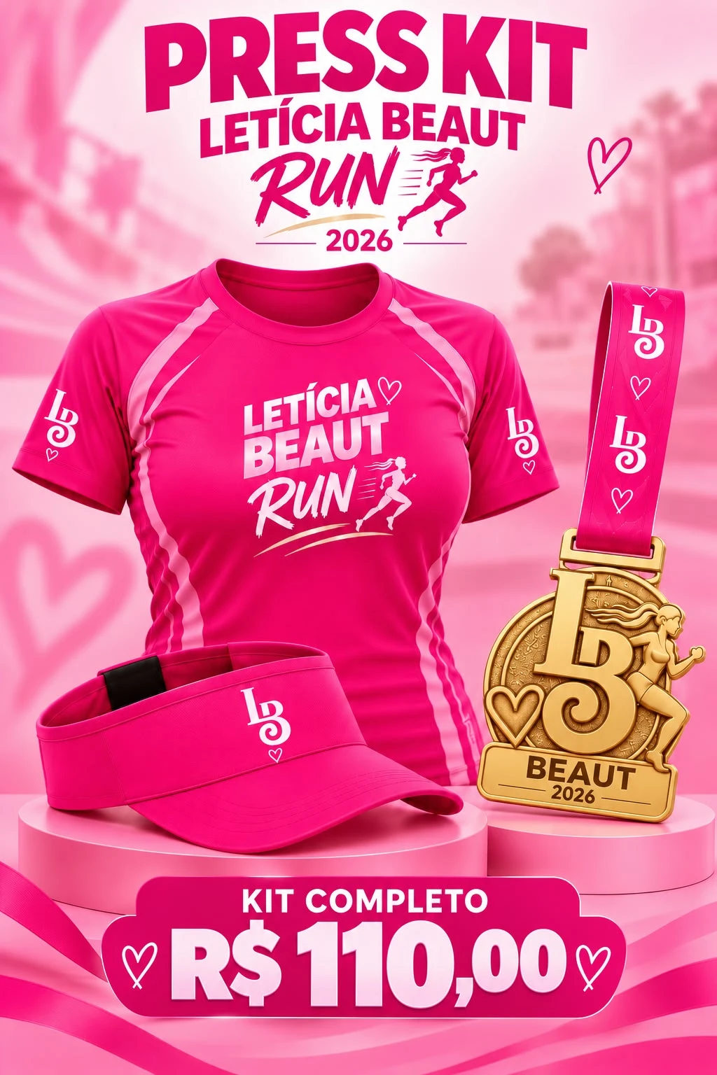 Press kit Letícia Beaut Run 2026: camiseta oficial, viseira LB e medalha, kit completo